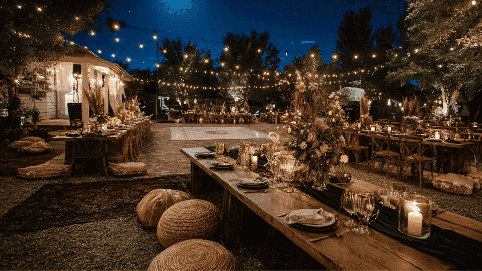 Celestial wedding decor with gold and navy colors, string lights, and star motifs, perfect for evening celebrations.