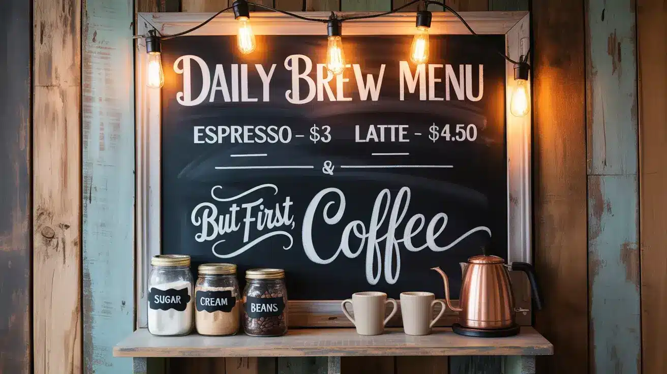 Chalkboard-style coffee bar sign reading “Daily Brew Menu” with jars, mugs, and a kettle under warm string lights
