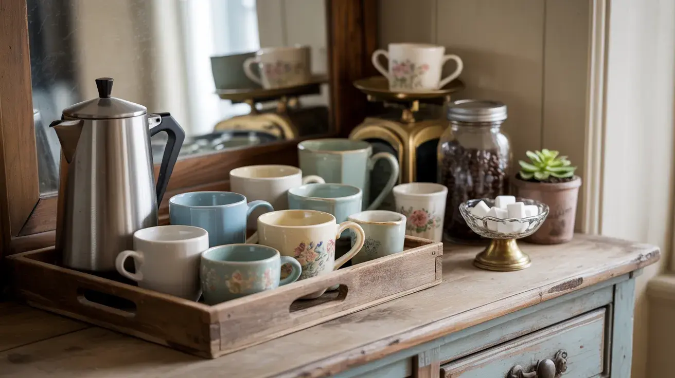 Charming coffee tray setup with assorted mugs, a kettle, coffee beans, and sugar displayed on a rustic sideboard