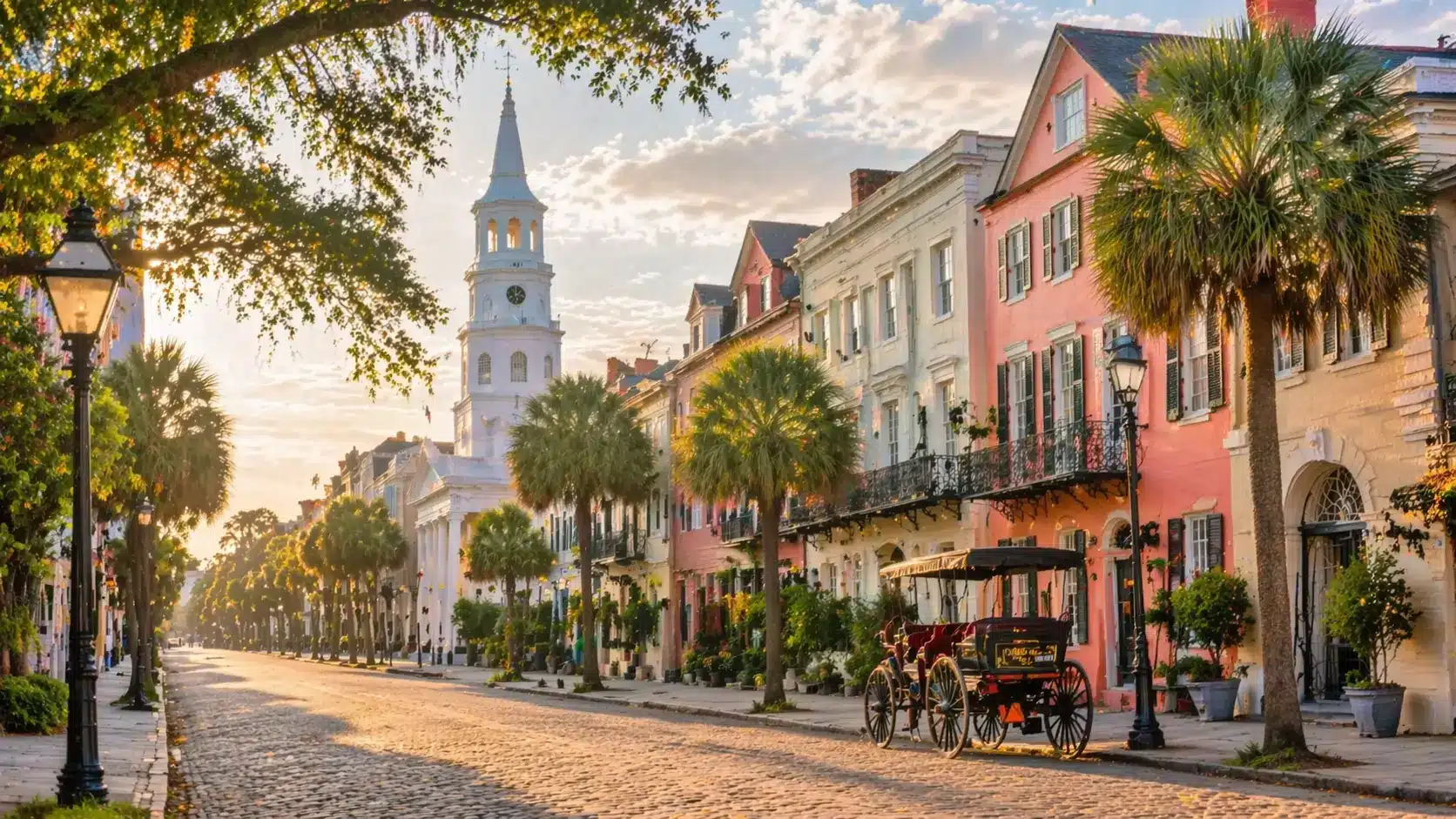Charming street scene in Charleston, South Carolina, featuring pastel buildings, palm trees, a historic church steeple