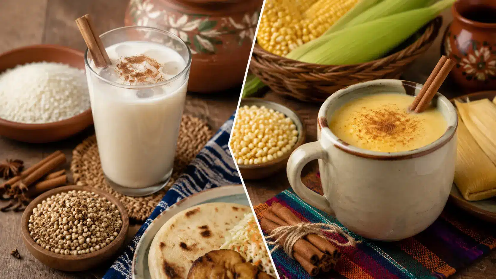 Horchata and Atol de Elote drinks with ingredients and spices.