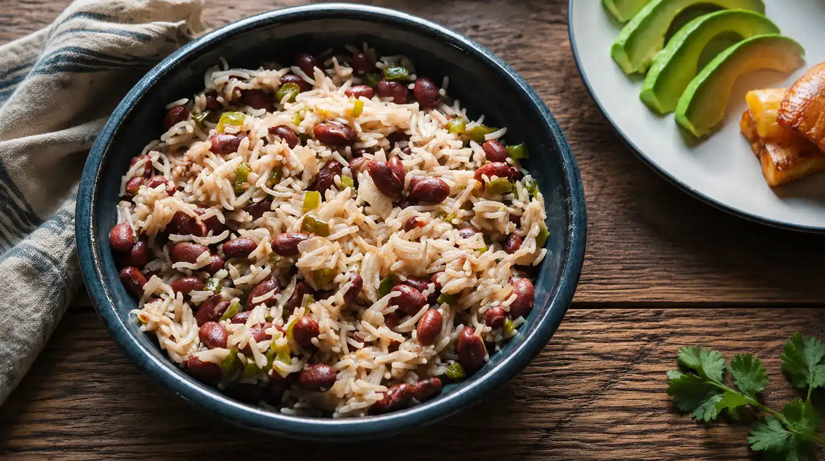 A bowl of rice and beans with avocado and plantains.