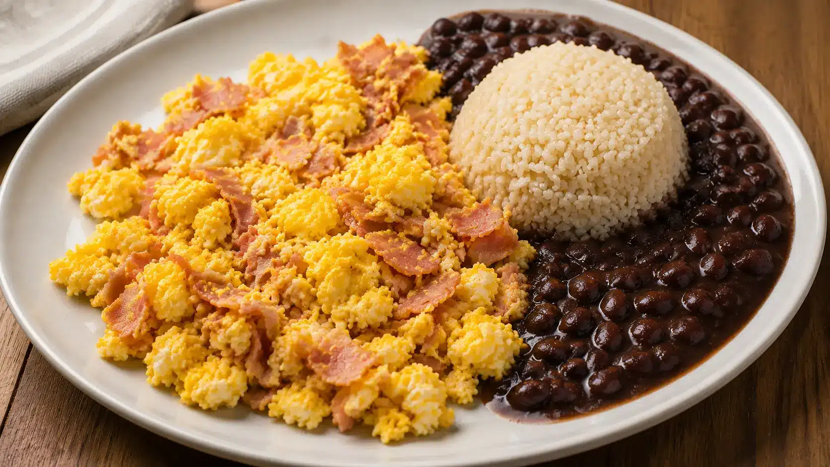 Scrambled eggs with ham, rice, and black beans on plate.