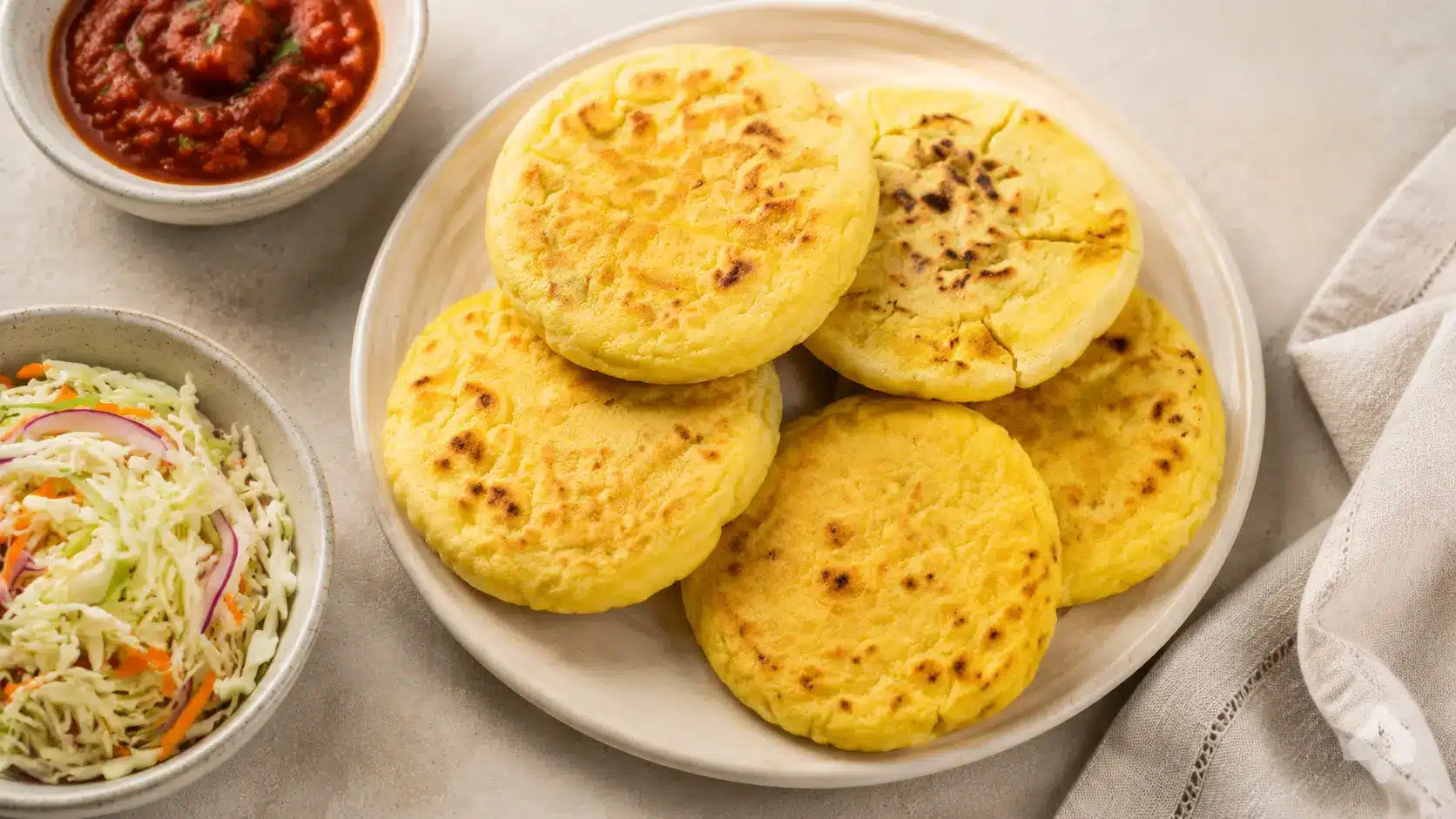 Corn tortillas, slaw, and salsa served on a beige plate.