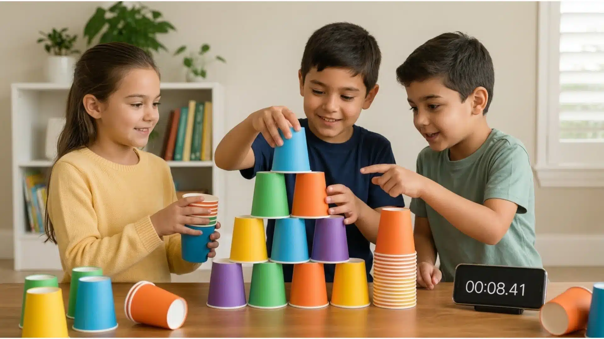 Child stacking colorful cups into a pyramid while using a phone timer on a clean table.