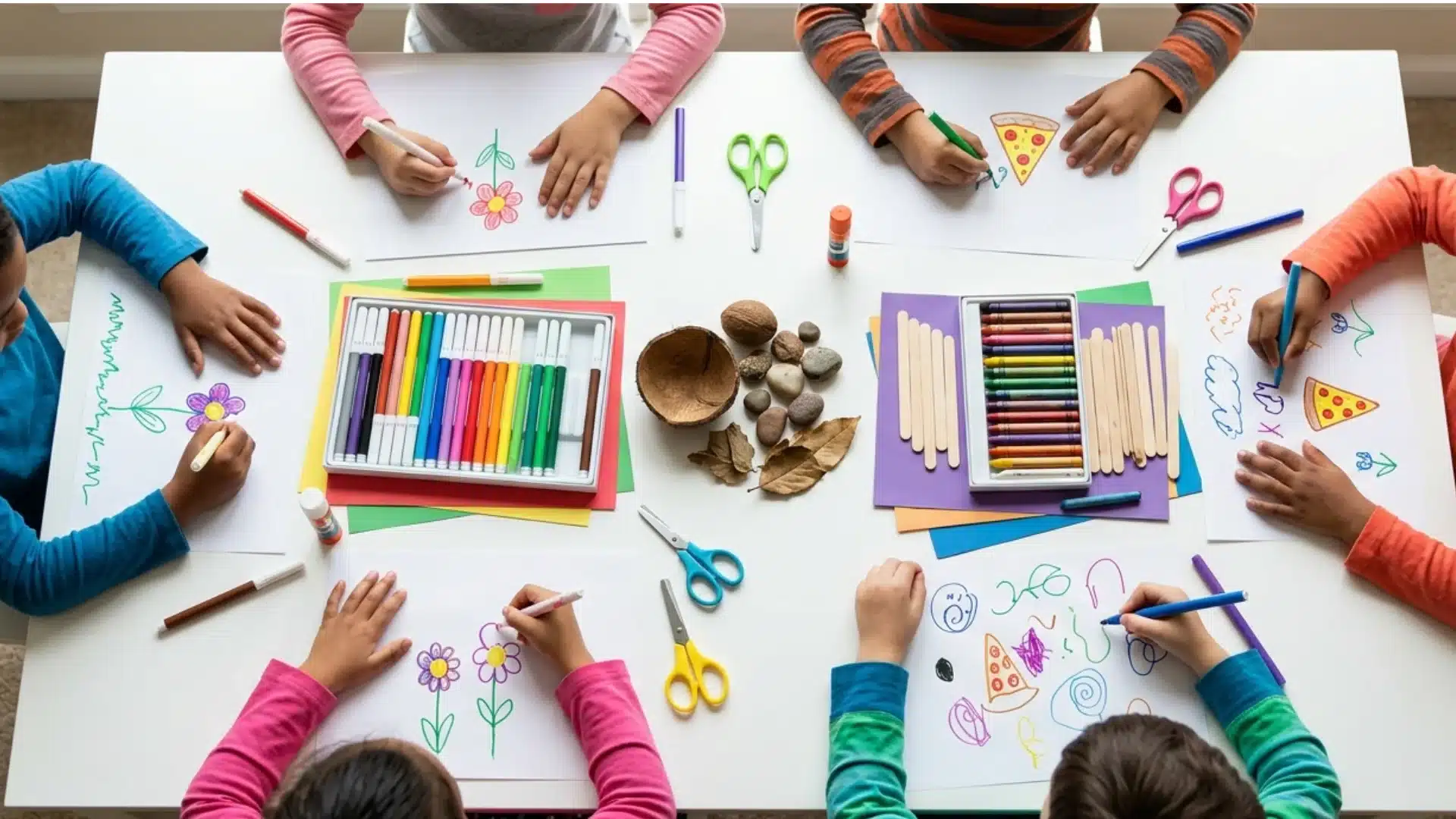 Children drawing and crafting with paper, markers, and scissors on a clean table in a bright, organized setting.