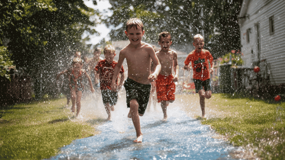 Children having fun with water balloons and sprinklers at a backyard summer birthday party