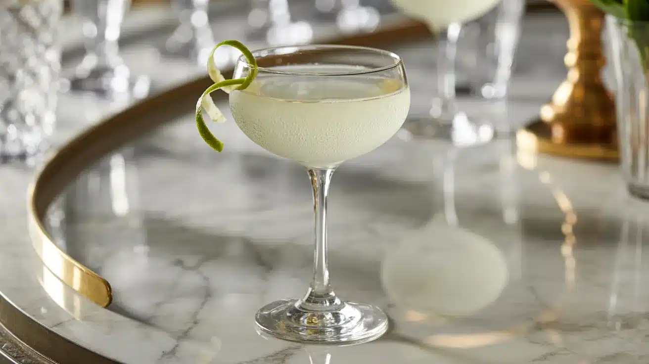 Classic daiquiri cocktail with lime twist on marble bar tray
