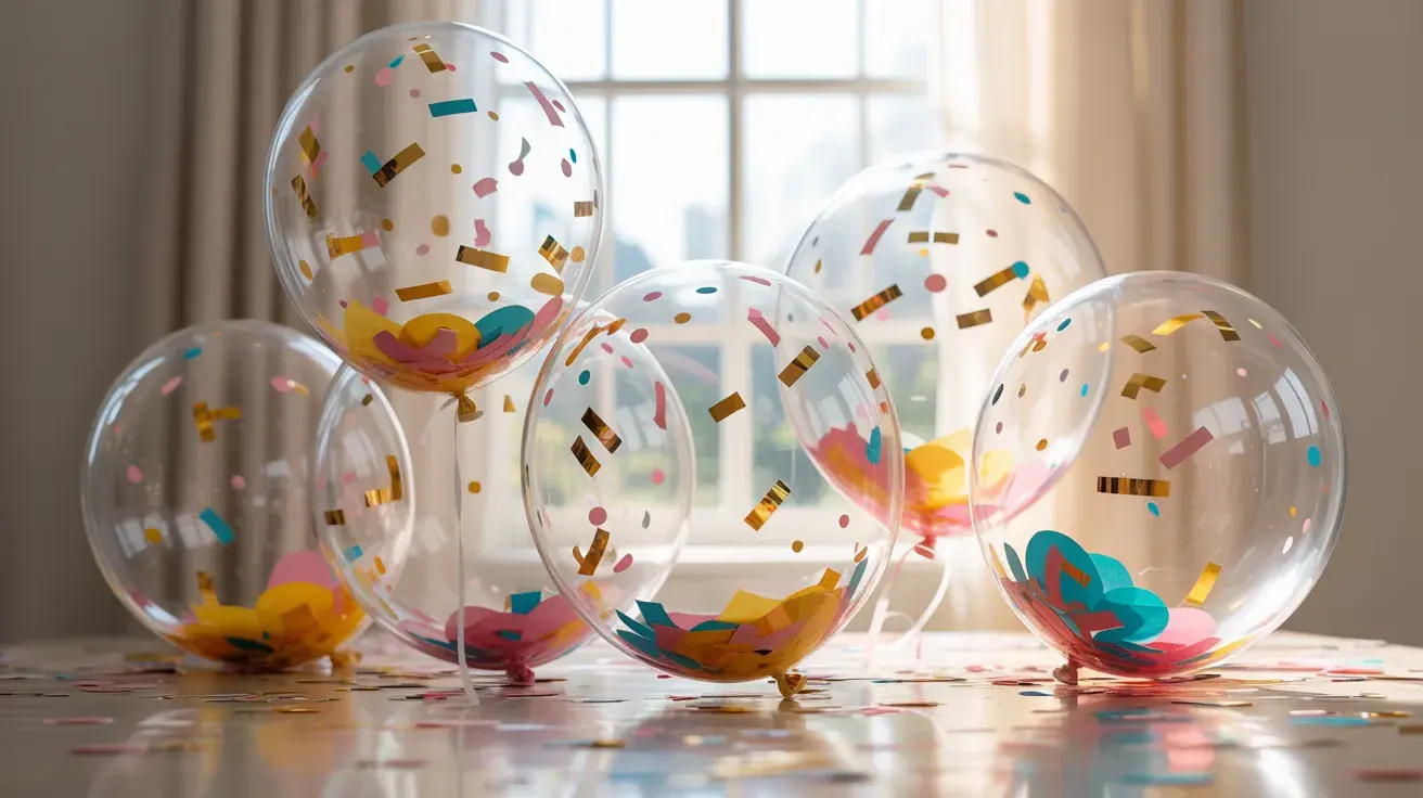 Clear balloons filled with colorful confetti arranged on a table in a bright room, creating a simple DIY birthday decoration