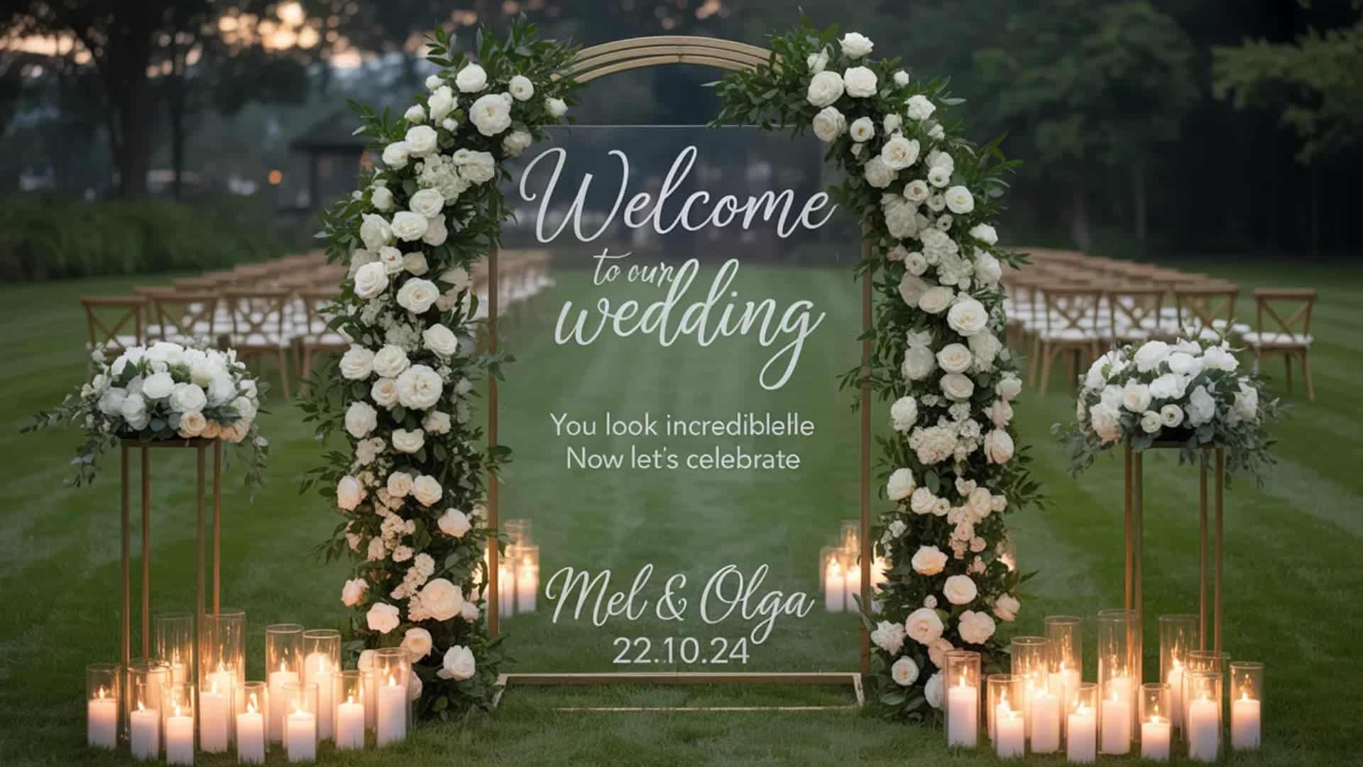 Clear welcome sign framed by white roses and candles at an outdoor wedding aisle