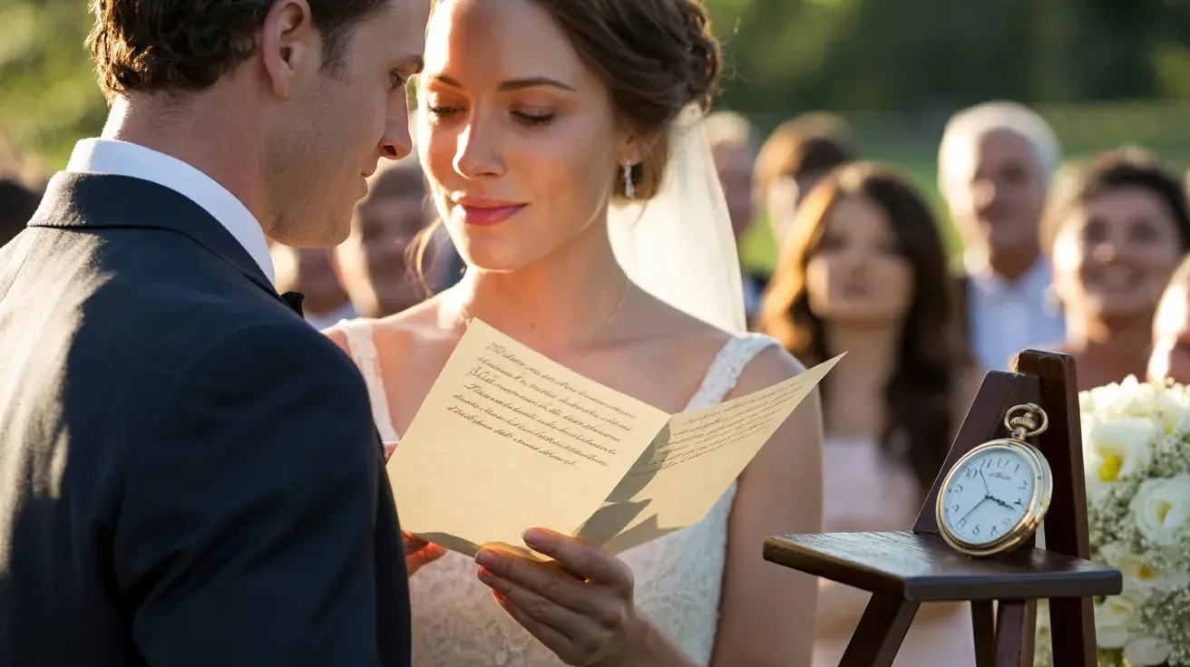 Close-up of bride reading handwritten vows to groom with a small clock beside them