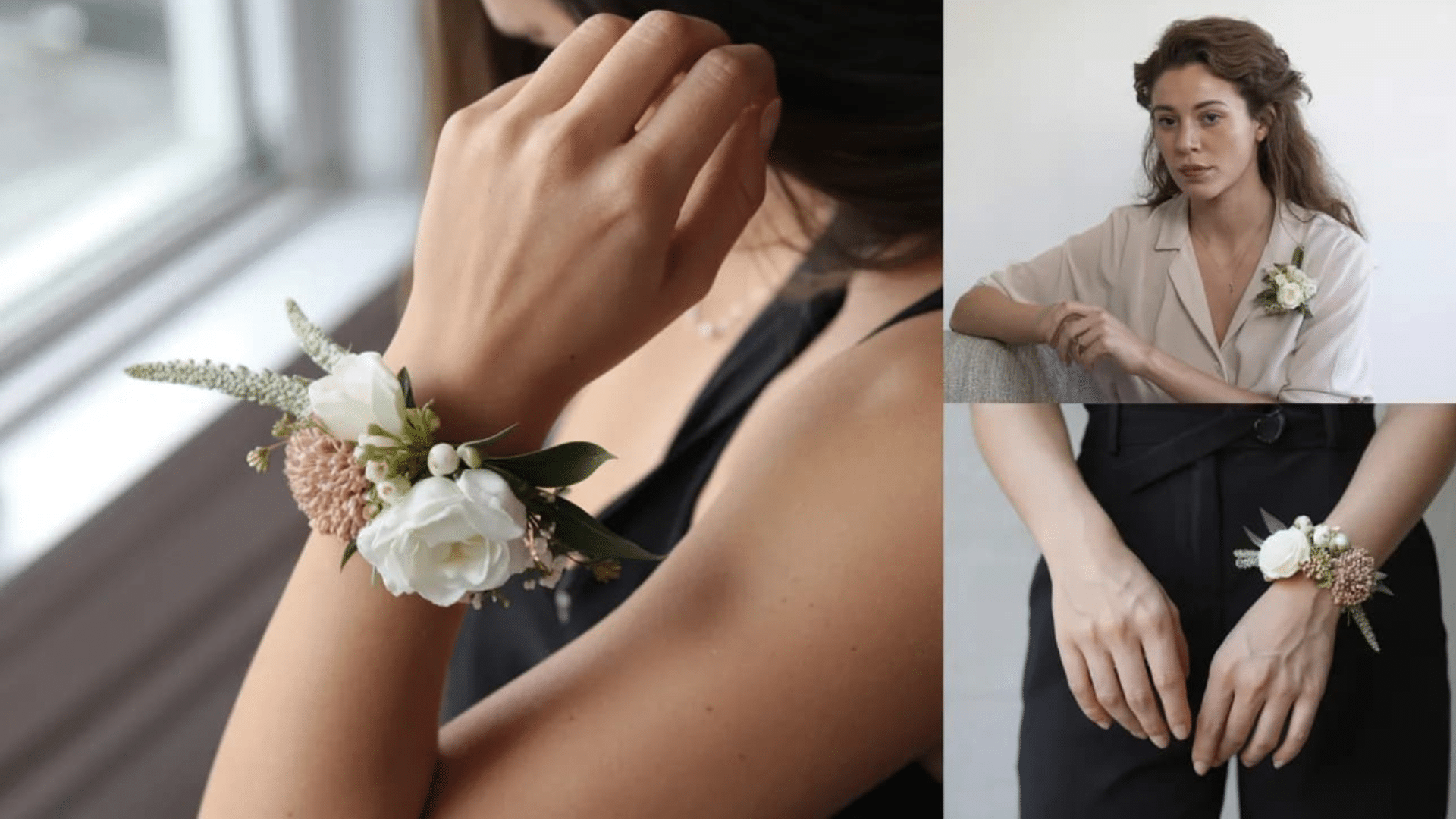 Close-up of woman wearing floral wrist corsage, with additional portraits showing matching boutonniere and outfit.