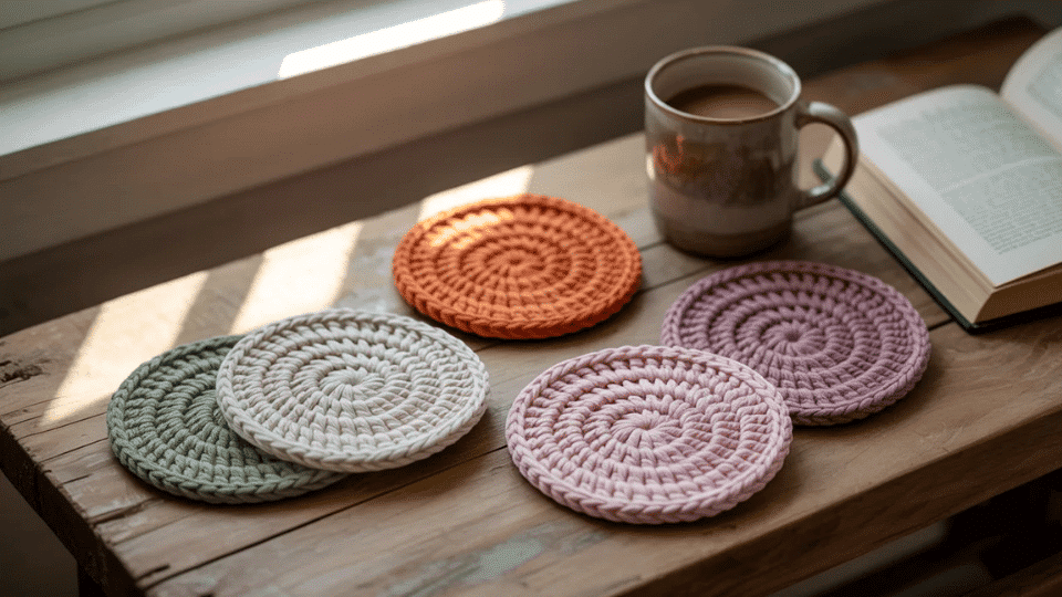 Set of colorful crochet coasters arranged on a coffee table