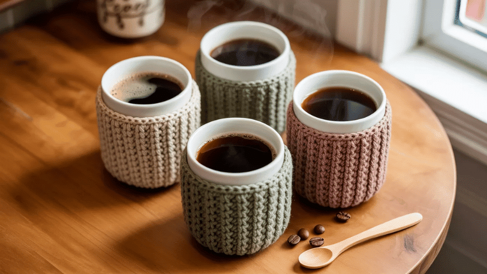 Set of crochet coffee cup sleeves wrapped around cups on a wooden table