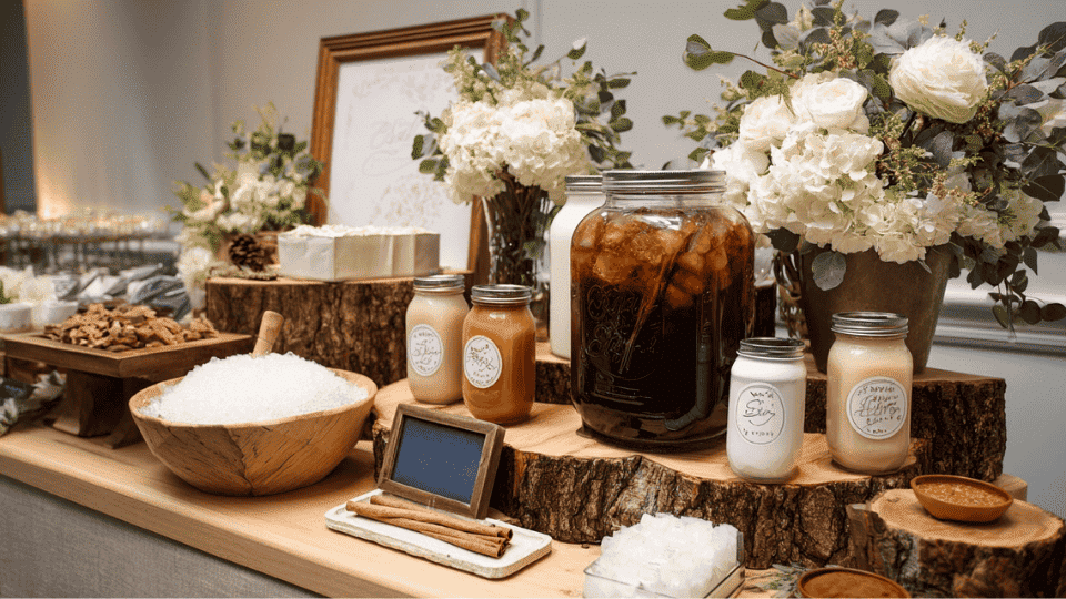 Cold brew and iced coffee bar with fun toppings and customizable drink options at a wedding