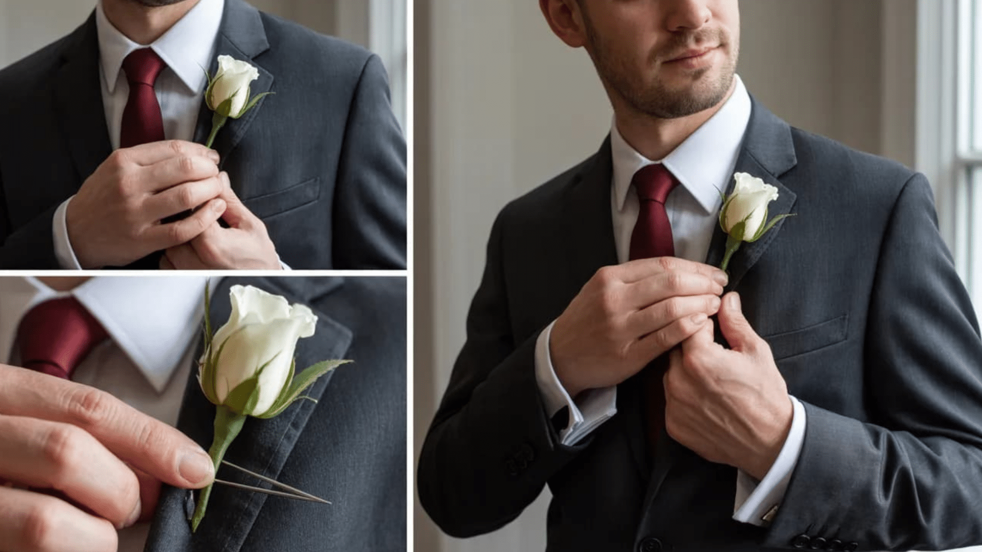 Collage showing a man in a suit positioning and pinning a white rose boutonniere on his left lapel.