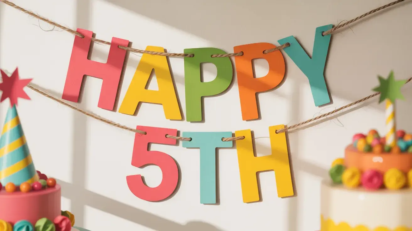 Colorful DIY “Happy 5th” birthday banner hanging on a string with festive party decorations in the background