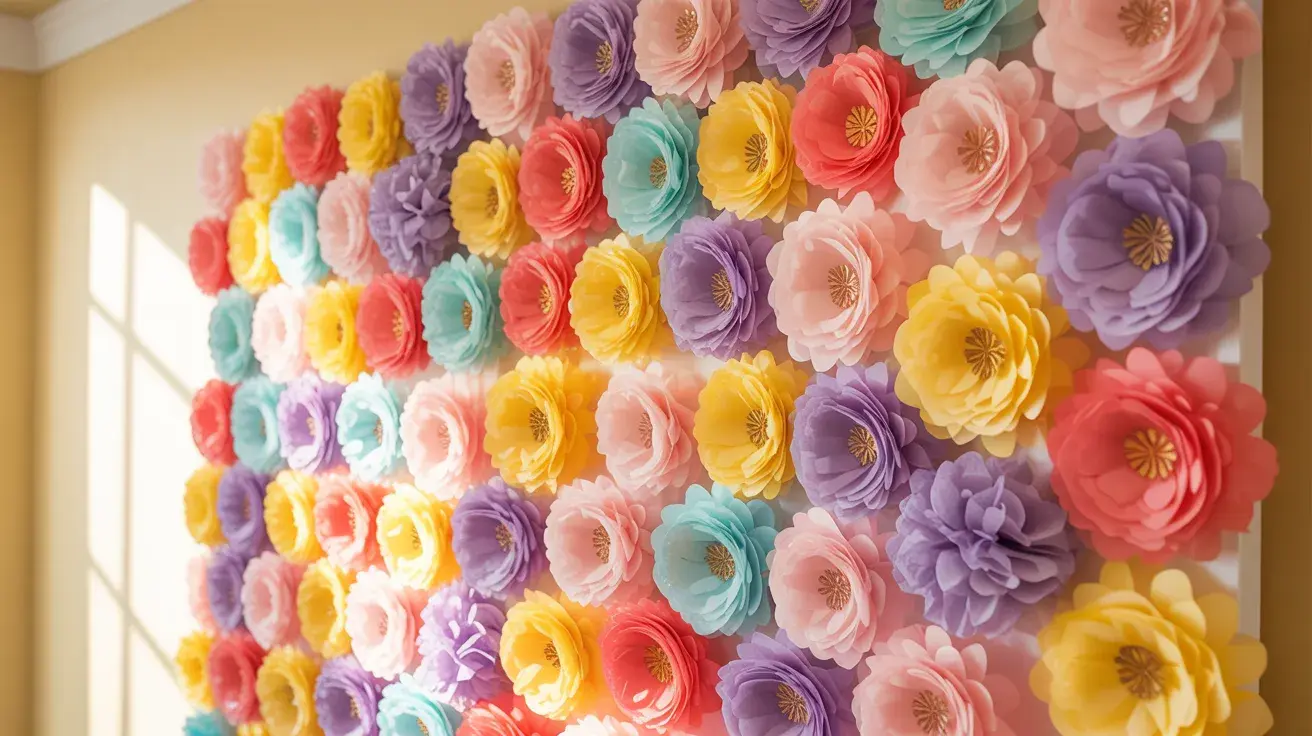 Colorful DIY paper flower wall backdrop in soft pastel shades, perfect for a birthday decoration setup