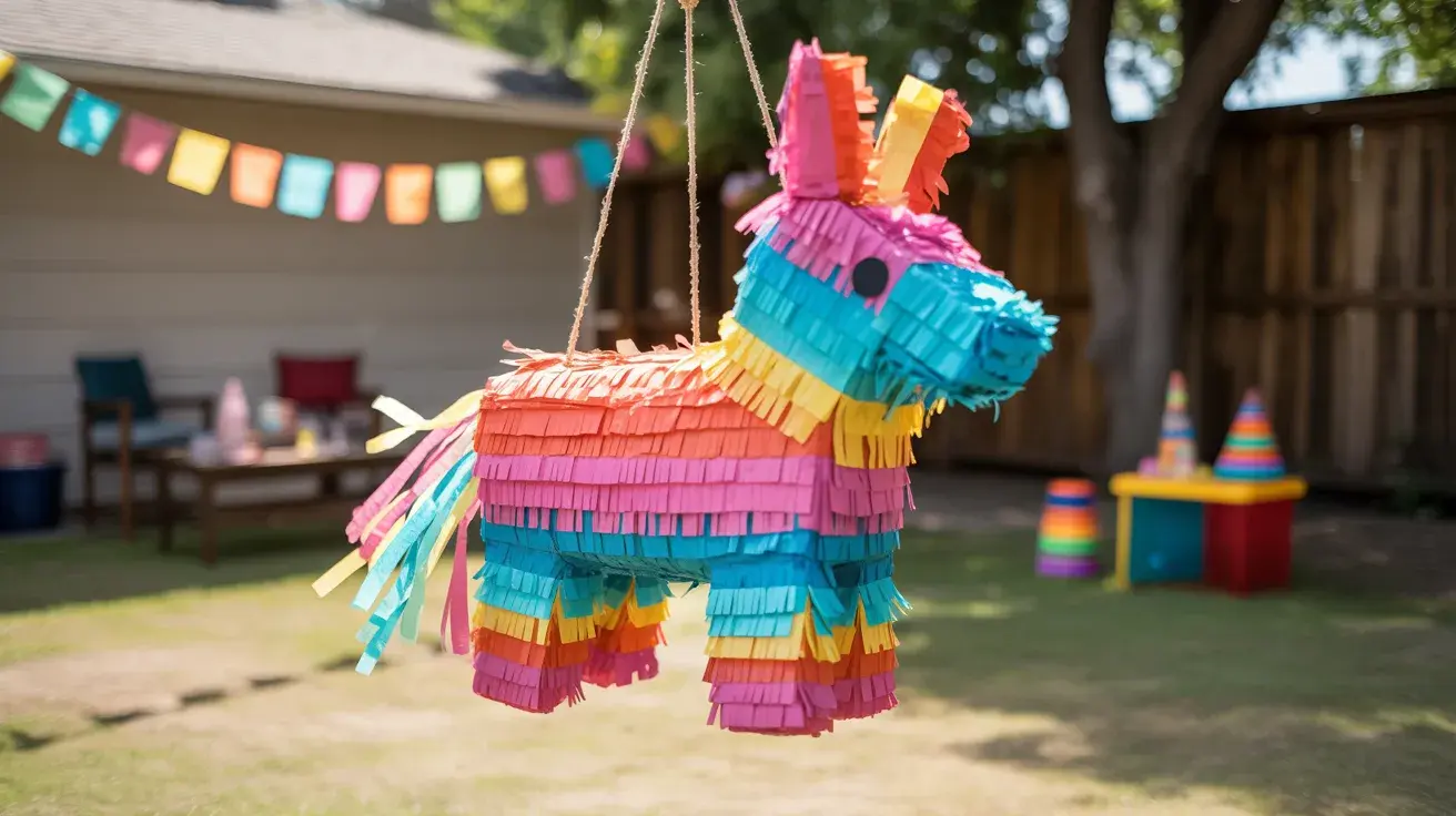 Colorful DIY piñata hanging in a backyard, set up as a fun birthday party activity.