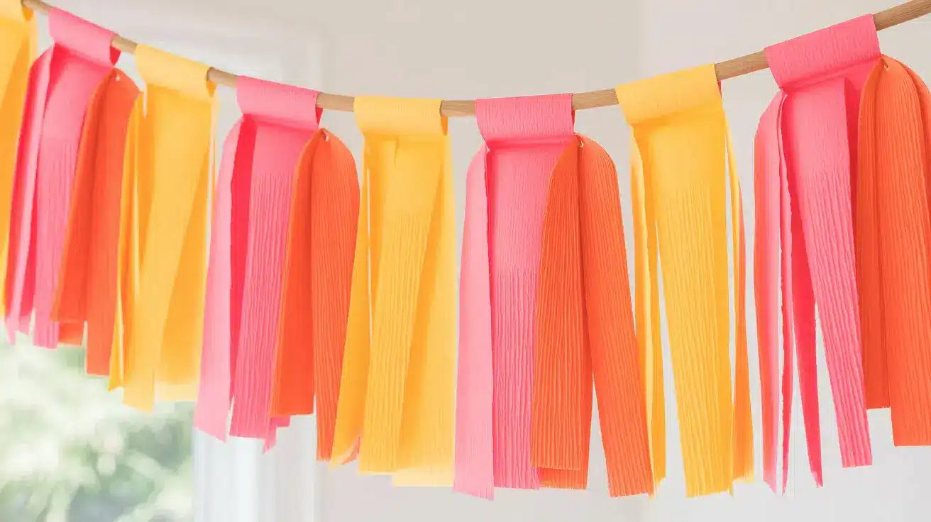 Colorful DIY tassel garland in pink, orange, and yellow hanging on a string for a bright birthday decoration