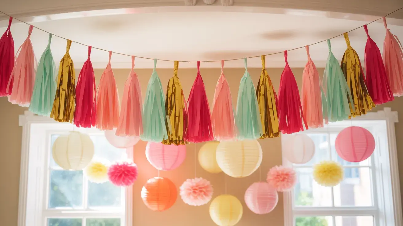 Colorful DIY tassel garland with hanging paper lanterns creating a bright and festive birthday decoration