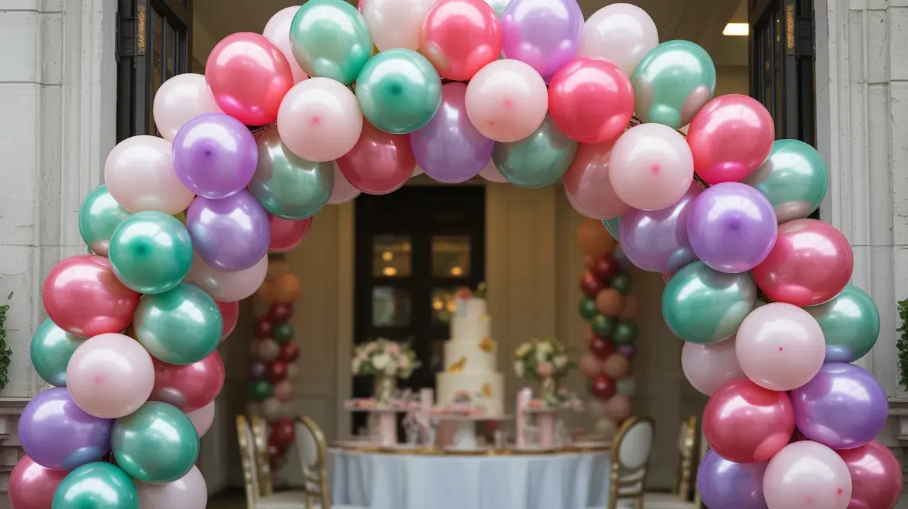 Colorful balloon arch in pastel shades framing a decorated birthday table with cake and floral arrangements