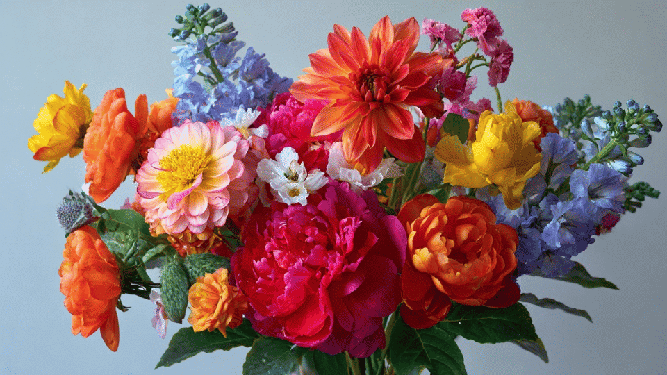 Colorful birthday bouquet with mixed bright flowers