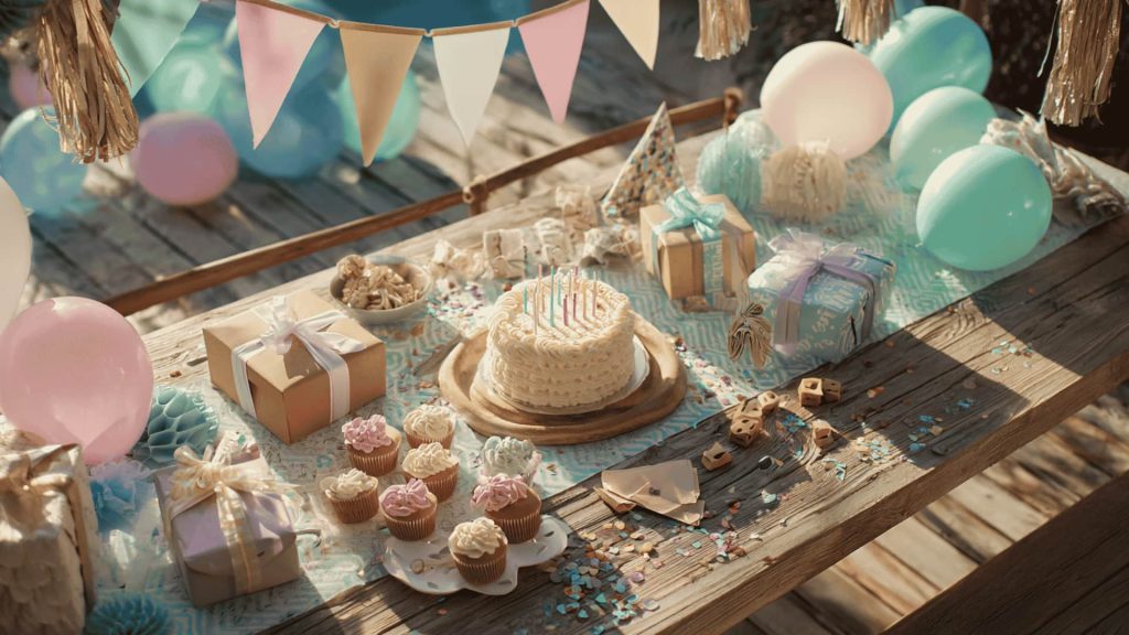 Colorful birthday party table with cake, cupcakes, balloons, and gifts in a sunny backyard