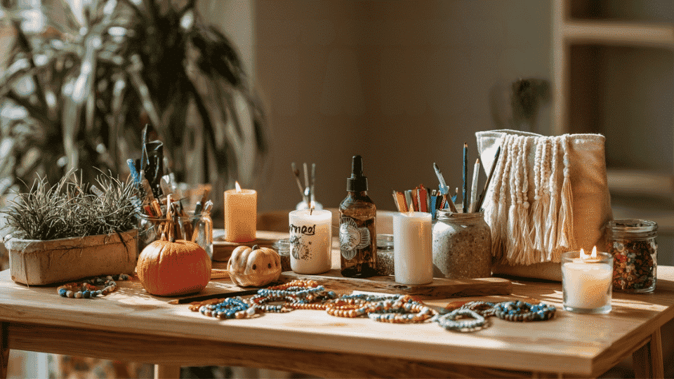 Colorful home craft table with DIY projects, art supplies, and seasonal decorations.