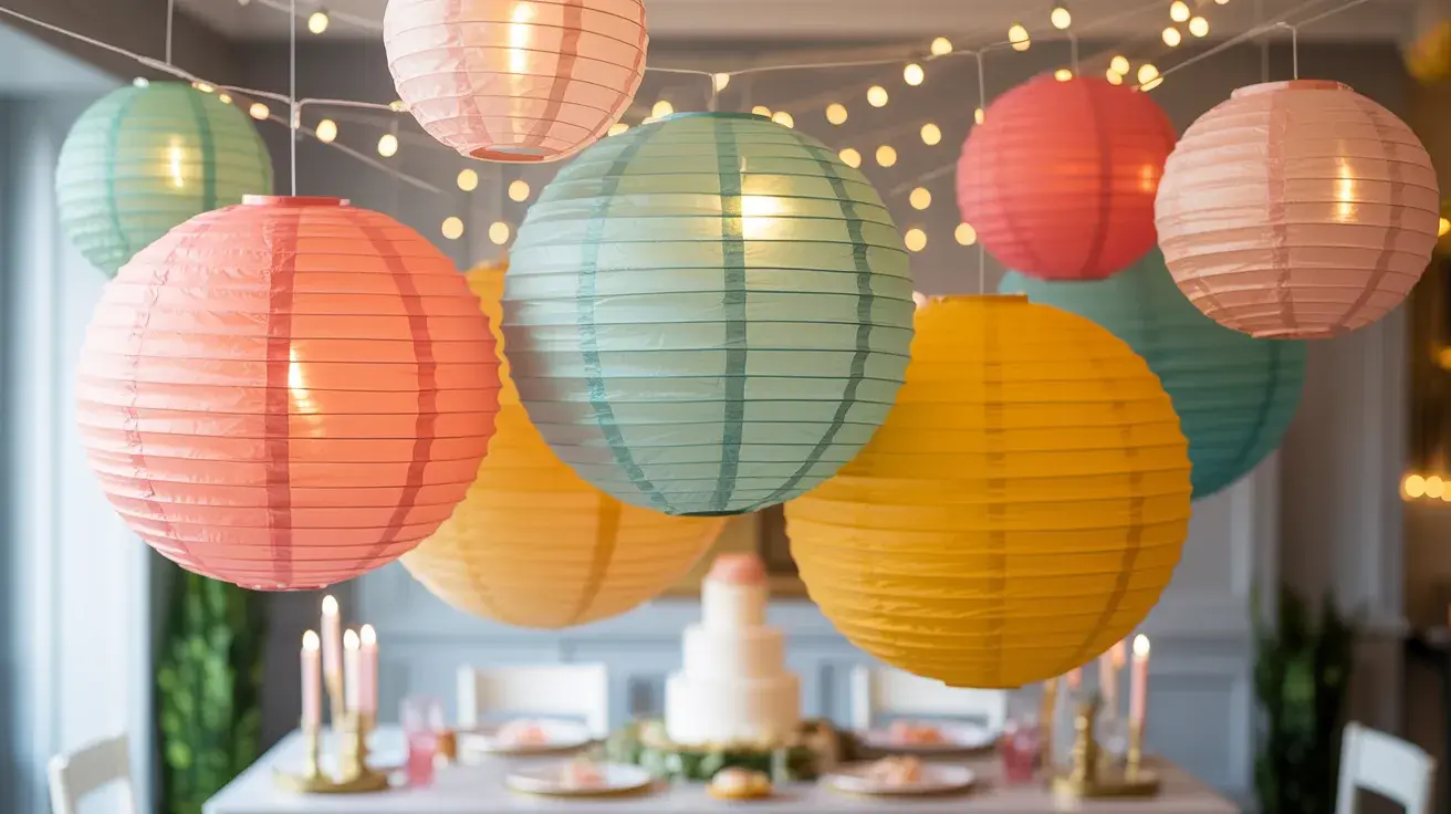 Colorful paper lanterns hanging with string lights above a decorated table, creating a cozy DIY birthday party setup