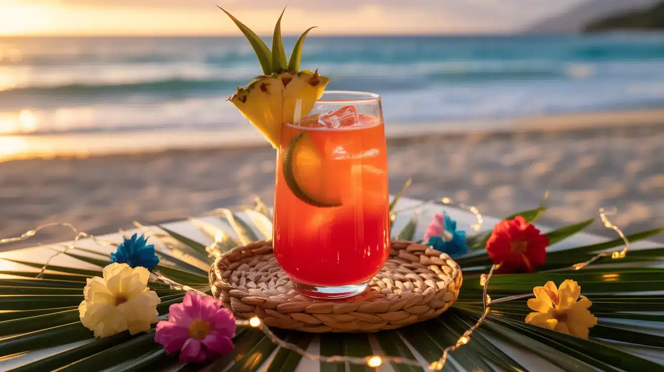 Colorful rum punch at a beach wedding reception