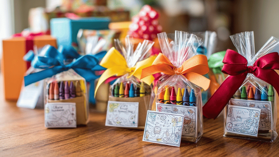Coloring kits packed in gift bags with ribbons and tags for kids party favors