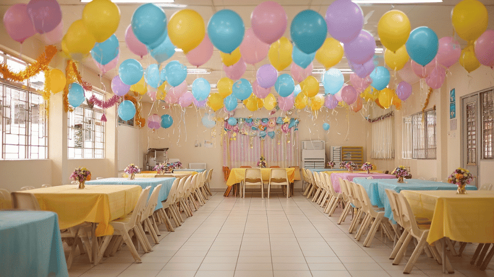 Community hall decorated with balloons and tables for a kids birthday party setup indoors
