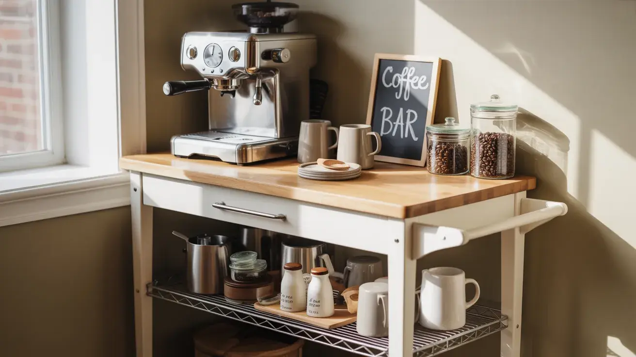 Compact coffee bar cart with espresso machine, mugs, jars, and a “Coffee Bar” sign by a sunlit window