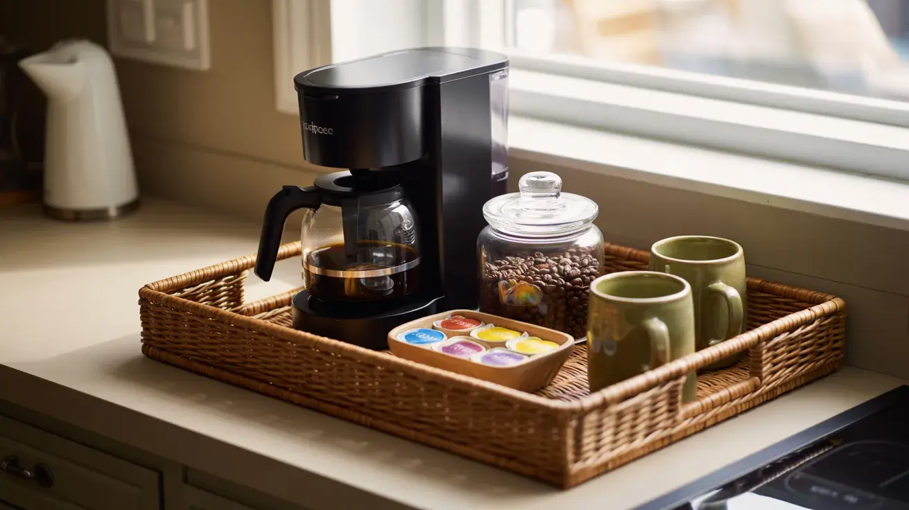Compact coffee station on a countertop tray with a drip coffee maker, mugs, coffee beans, and assorted pods by a window