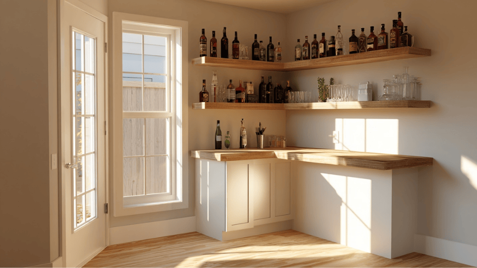 Corner DIY bar with L-shaped design and shelves in a small living space.