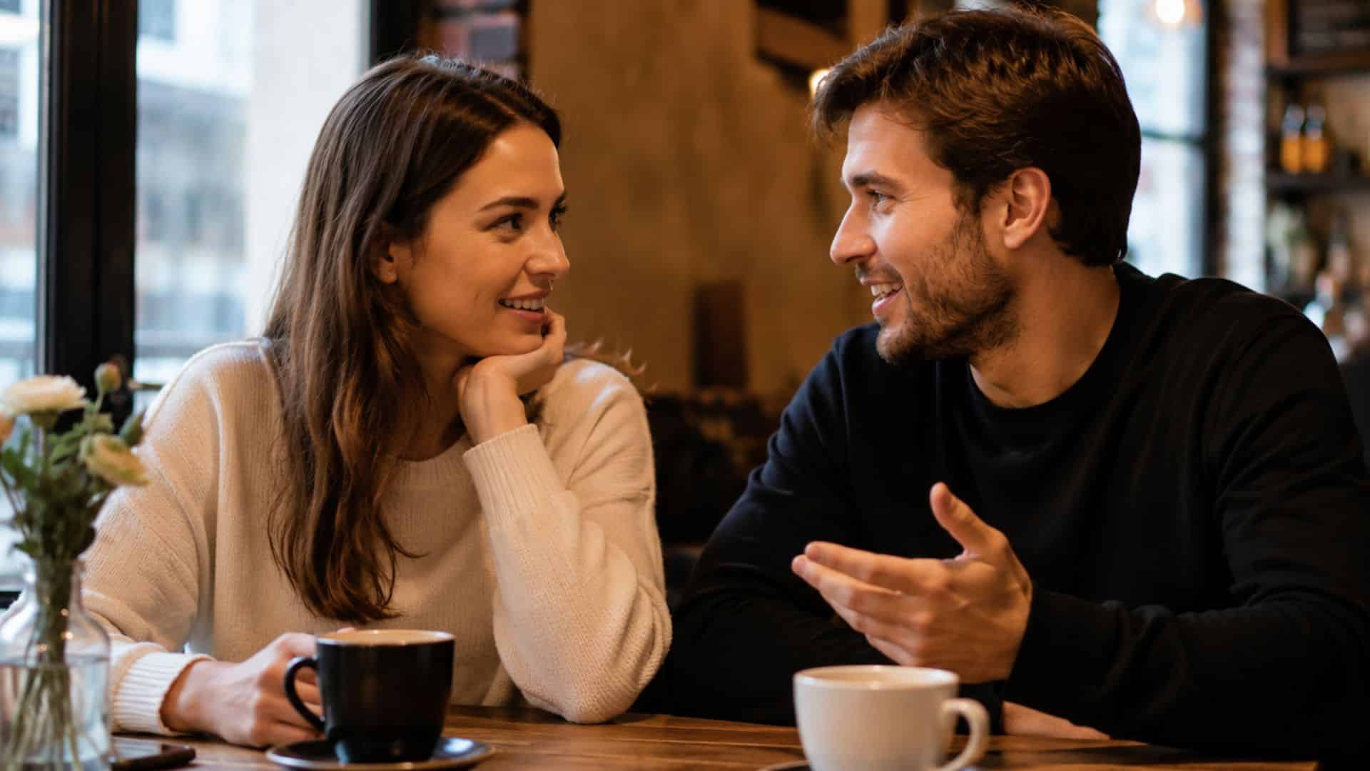 Couple enjoying a meaningful conversation over coffee at a cozy café table