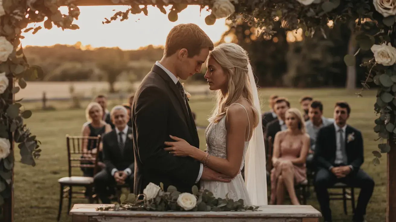 Couple holding hands and pausing together under a floral arch during a quiet moment
