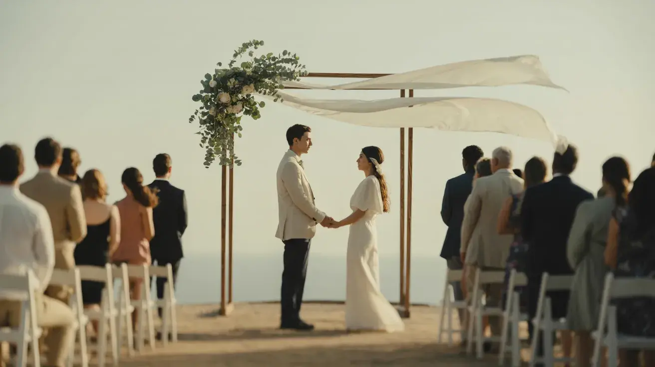 Couple holding hands under a simple floral arch with flowing fabric during a minimalist outdoor wedding
