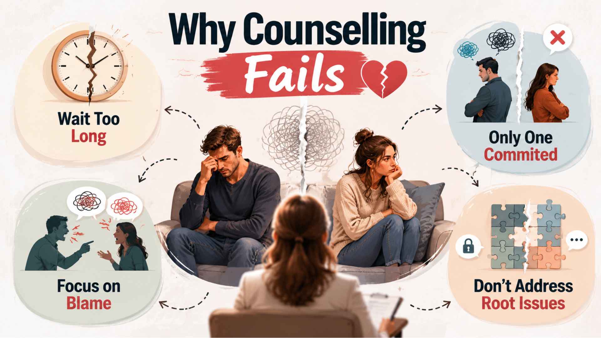 Couple in therapy looking stressed, reasons counseling fails waiting, blame, low commitment, issues