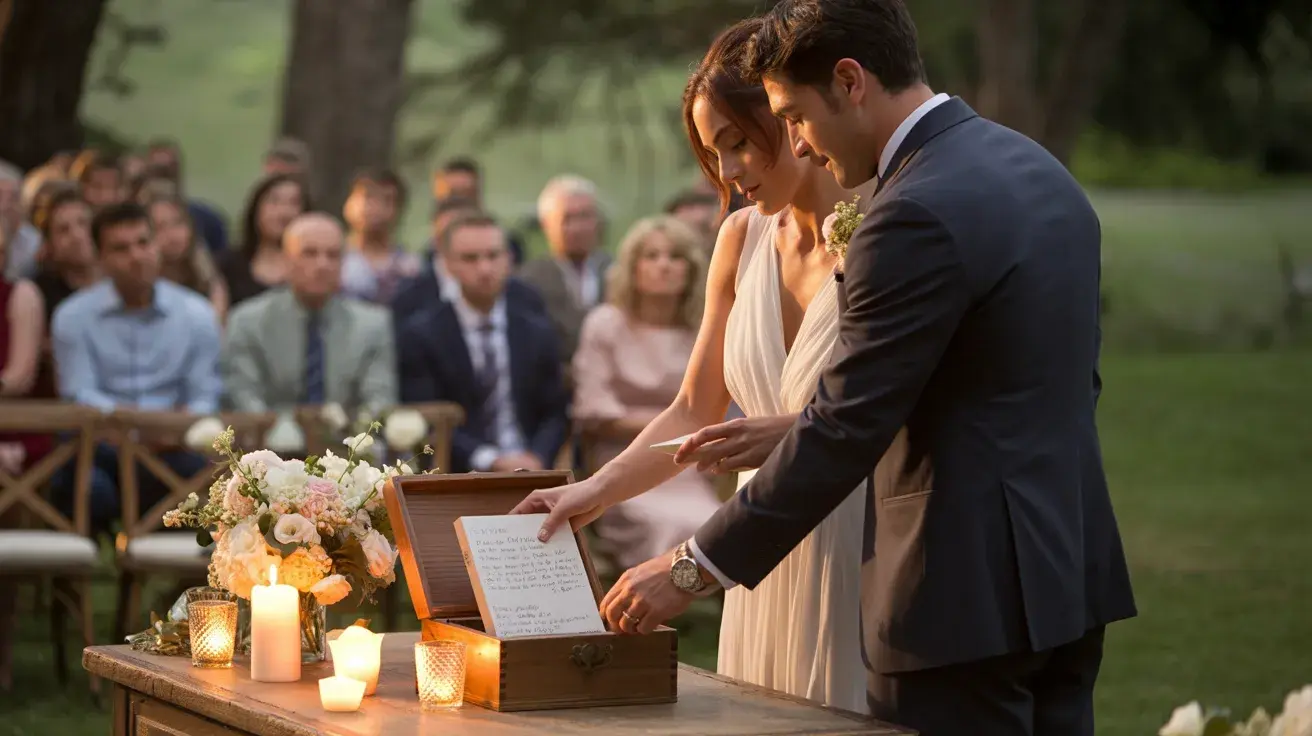 Couple placing handwritten vows into a keepsake box during an outdoor wedding ceremony