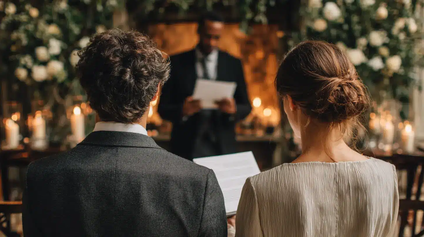 Couple reading vows during an intimate candlelit wedding ceremony with officiant standing in front of them