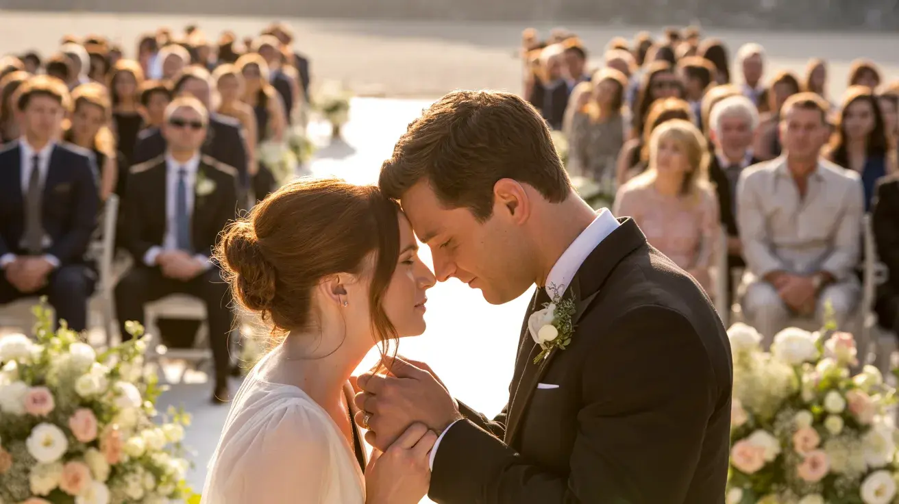 Couple sharing a private whispered moment with foreheads touching