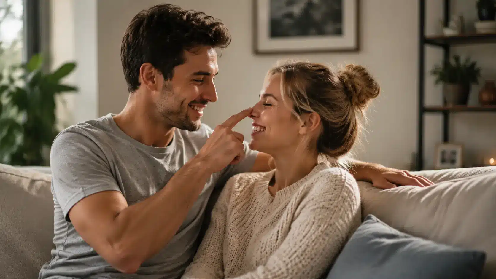Couple sitting on a bright, cozy couch with the man playfully touching the woman’s nose, smiling and enjoying a cute moment together
