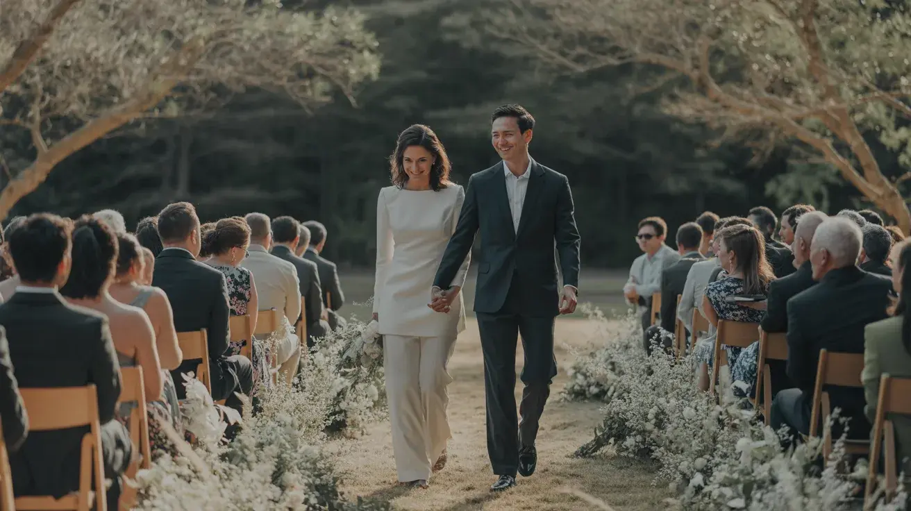 Couple walking down the aisle together holding hands during a modern outdoor wedding ceremony.