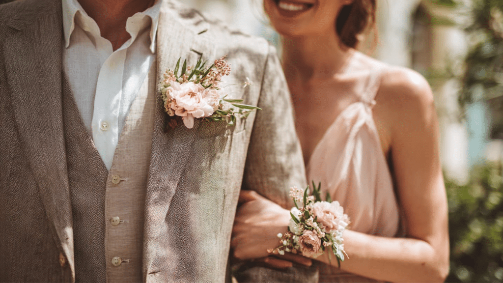 Couple wearing matching corsage and boutonniere, showing the difference between floral accessories at a formal event.