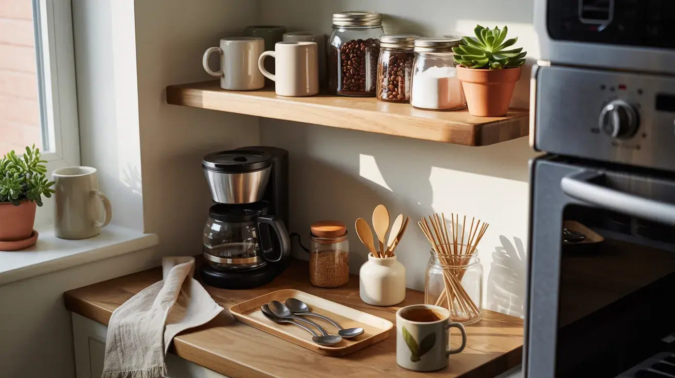 Cozy DIY coffee bar setup with wooden shelves, mugs, jars of coffee beans, and a coffee maker in a sunlit kitchen corner