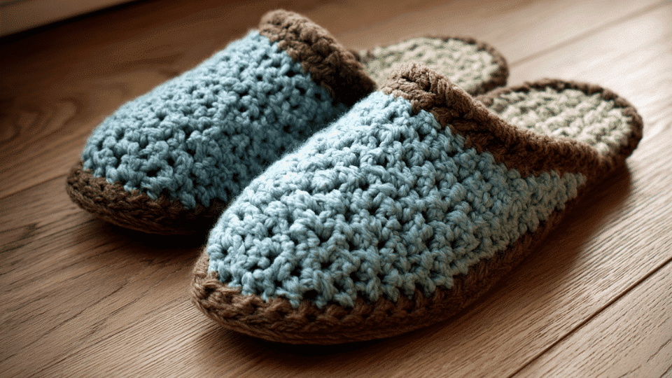 Pair of crochet cozy slippers with thick soles displayed on a wooden floor