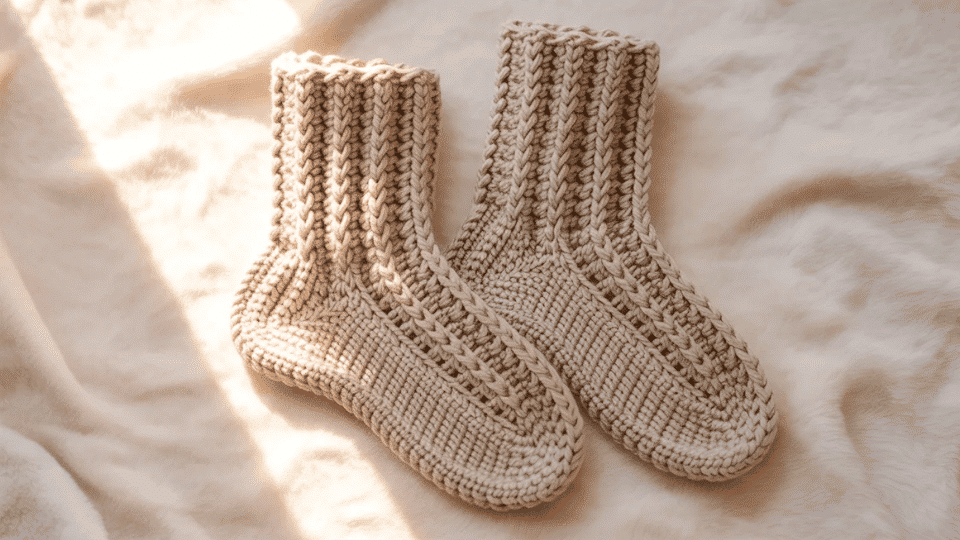 Pair of thick crochet cozy socks laid flat showing texture and ribbed cuff