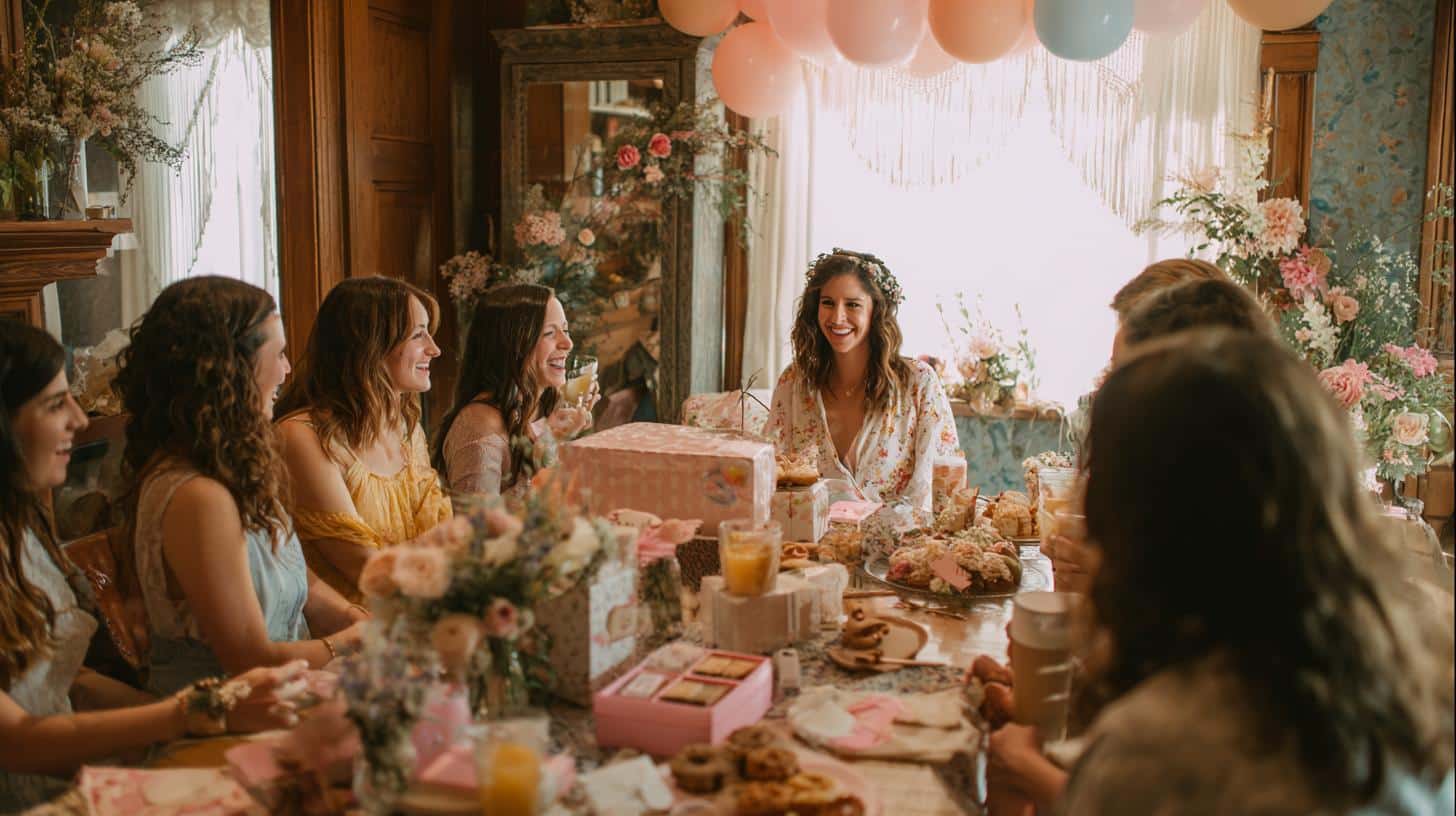 Cozy bridal shower celebration with pastel-colored decorations, finger foods, cupcakes, and guests enjoying games and gift-giving